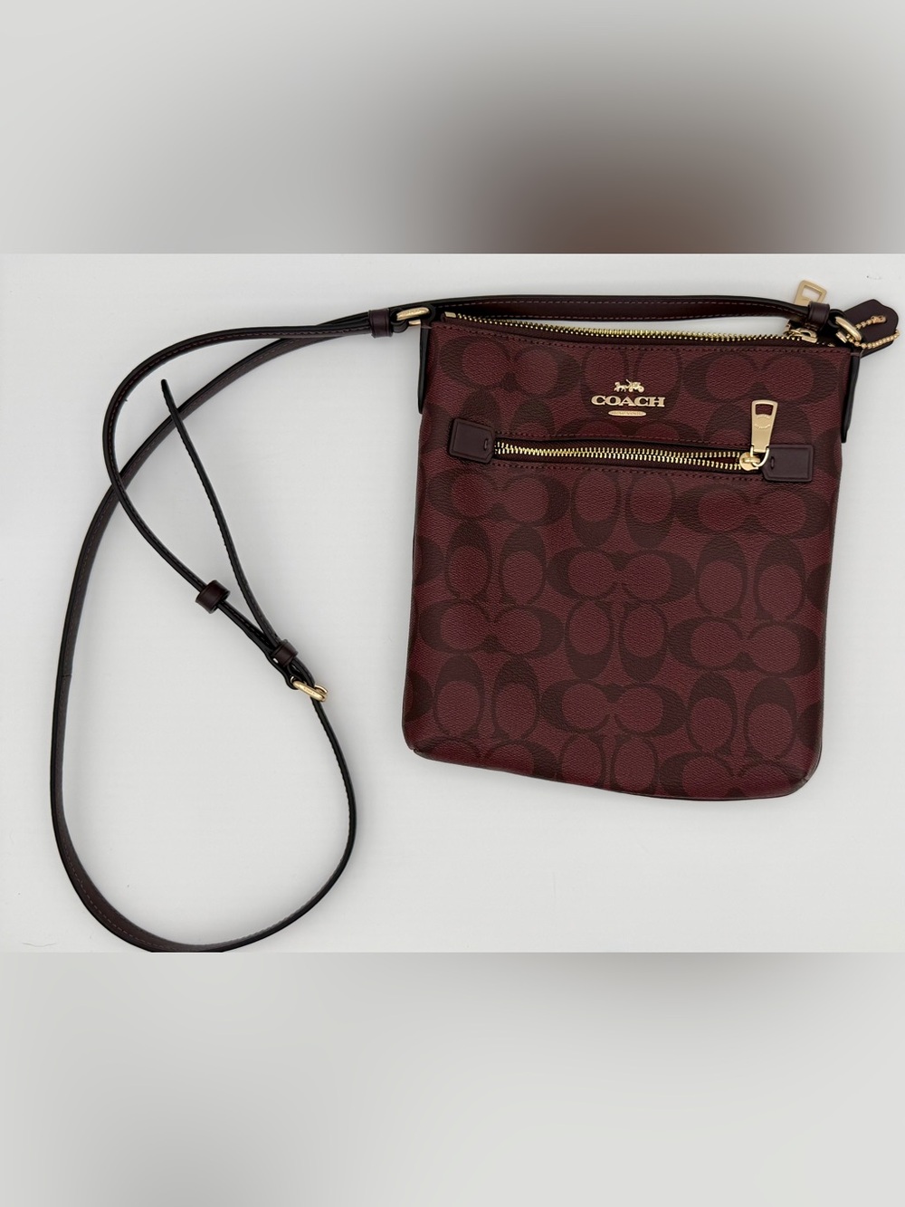 Coach Signature File Crossbody Bag Burgundy Wine Canvas Leather Gold Hardware
